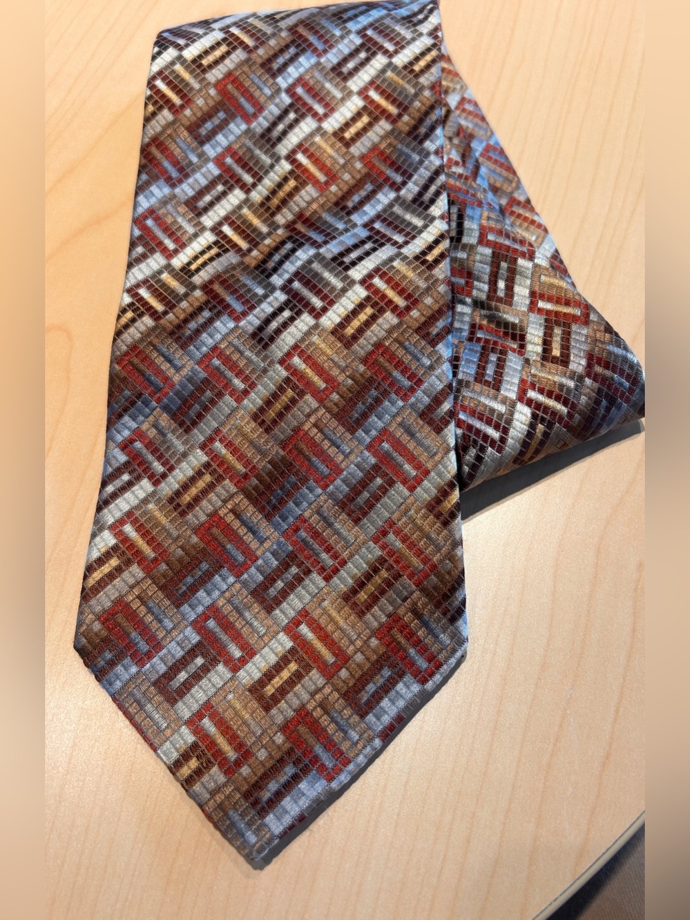 Renzi 100% Silk Geometric Woven Necktie Brown Blue Gold